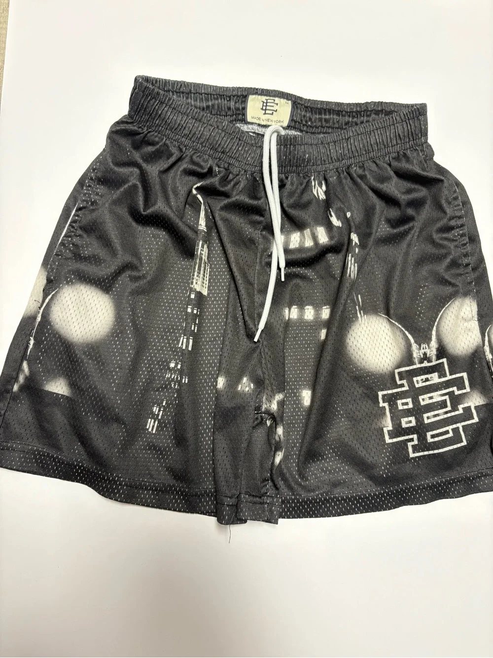 Eric Emanuel Black Mesh Graphic Athletic Shorts with White Drawstring